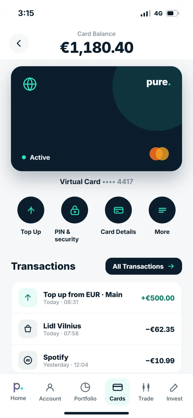 The Pure Wallet app card screen, showing the card balance, top up, and PIN and security