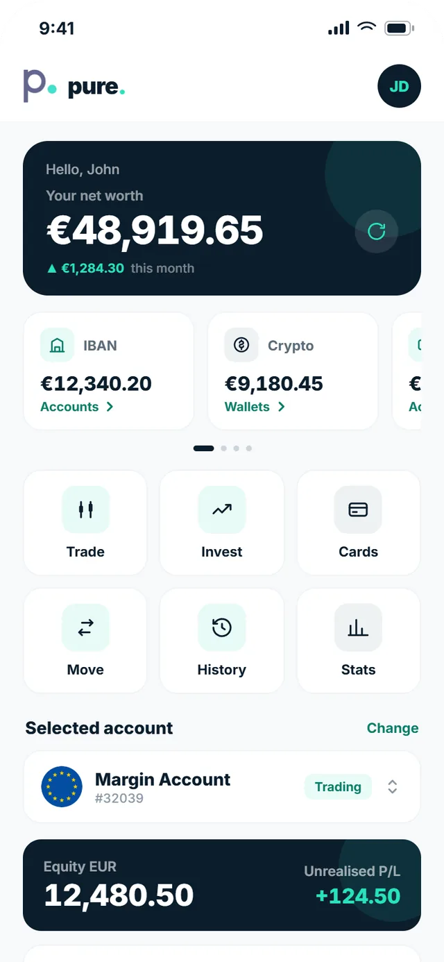 Pure Wallet, home screen