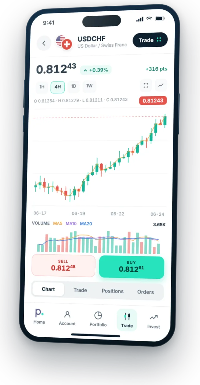 Pure Wallet on a phone, tilted, showing a price chart