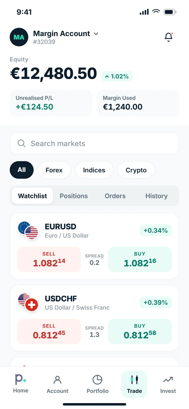 The Pure Wallet trading account on a handheld device, showing equity, unrealised profit and loss, margin used, and the watchlist with positions, orders and history tabs